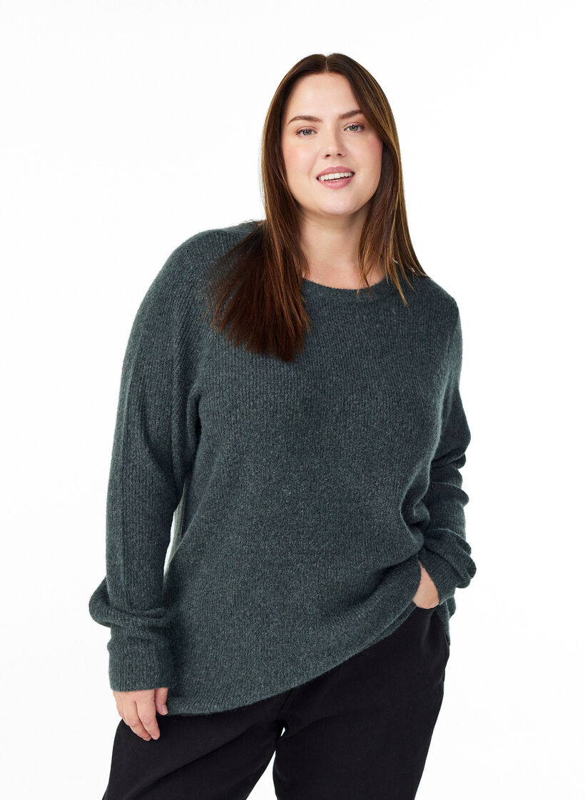 Gem&ecirc;leerde gebreide blouse met ronde hals, Groen, Model image number 0