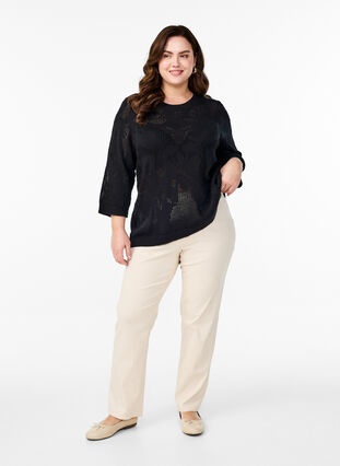 ZizziGebreide blouse met een opengewerkt patroon en 3/4 mouwen, Black, Model image number 2