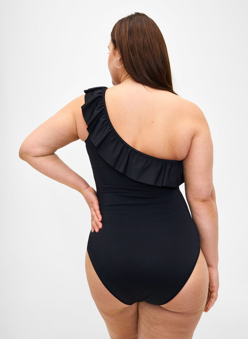 Een schouderbadpak met ruffle, Black, Model