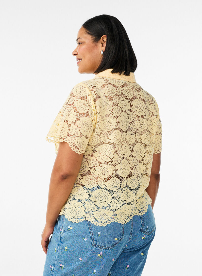 Kanten shirt blouse met parelknopen, Geel, Model image number 2