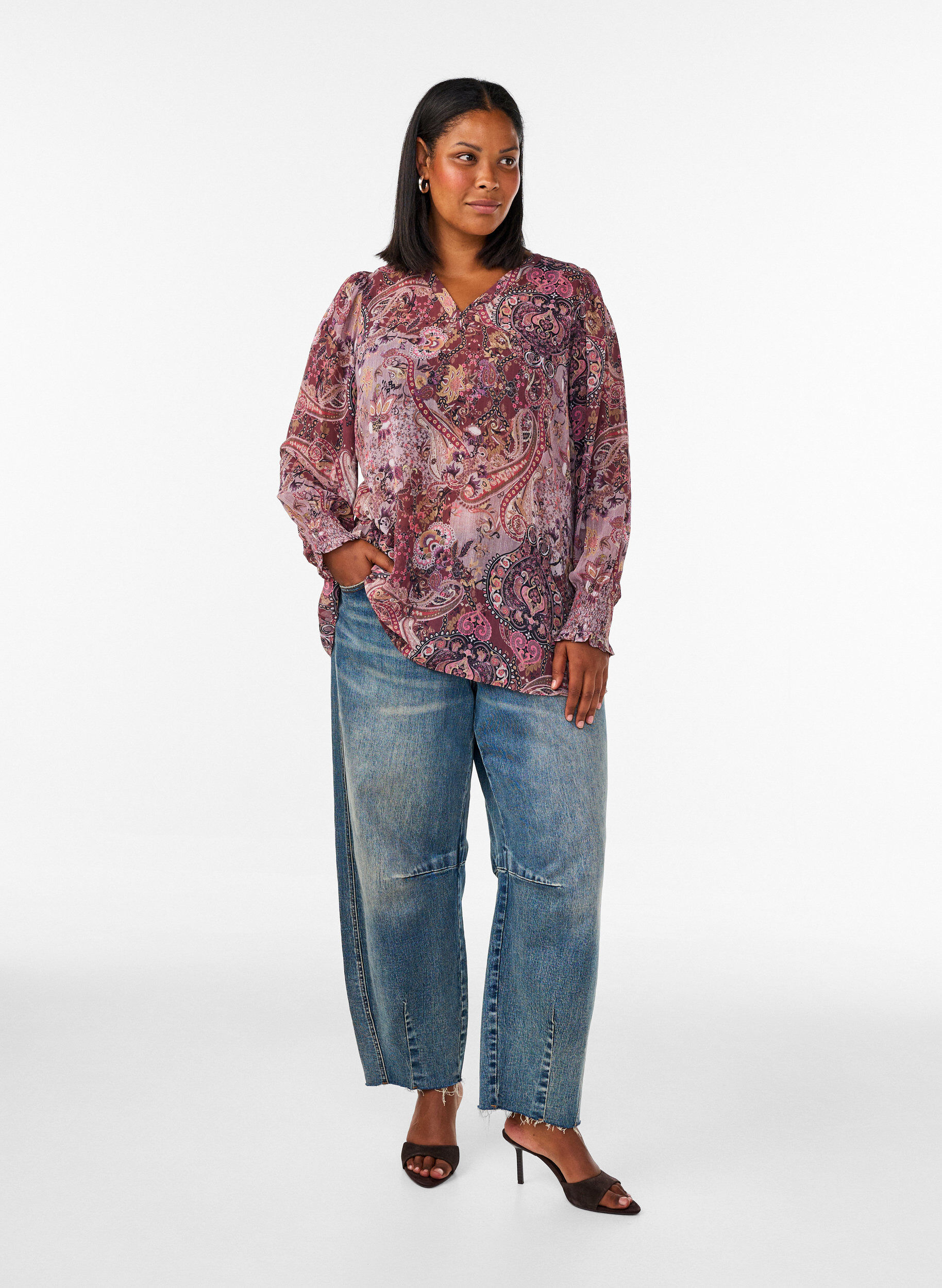 ZizziTunic met paisleyprint en gesmokte manchetten, Roze, Model image number 1