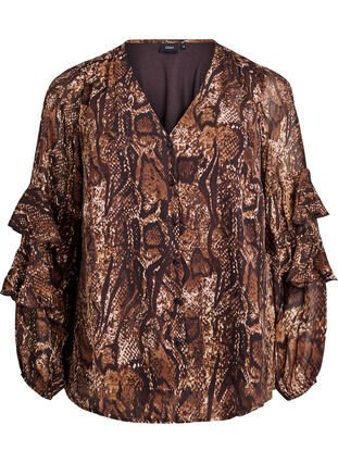ZizziBlouse met dierenprint en ruches, Brown Snake AOP, Packshot image number 0