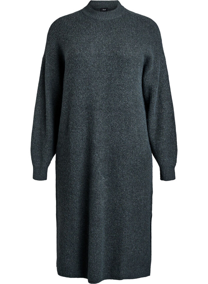 Lange gebreide jurk met hoge hals, Groen, Packshot image number 0