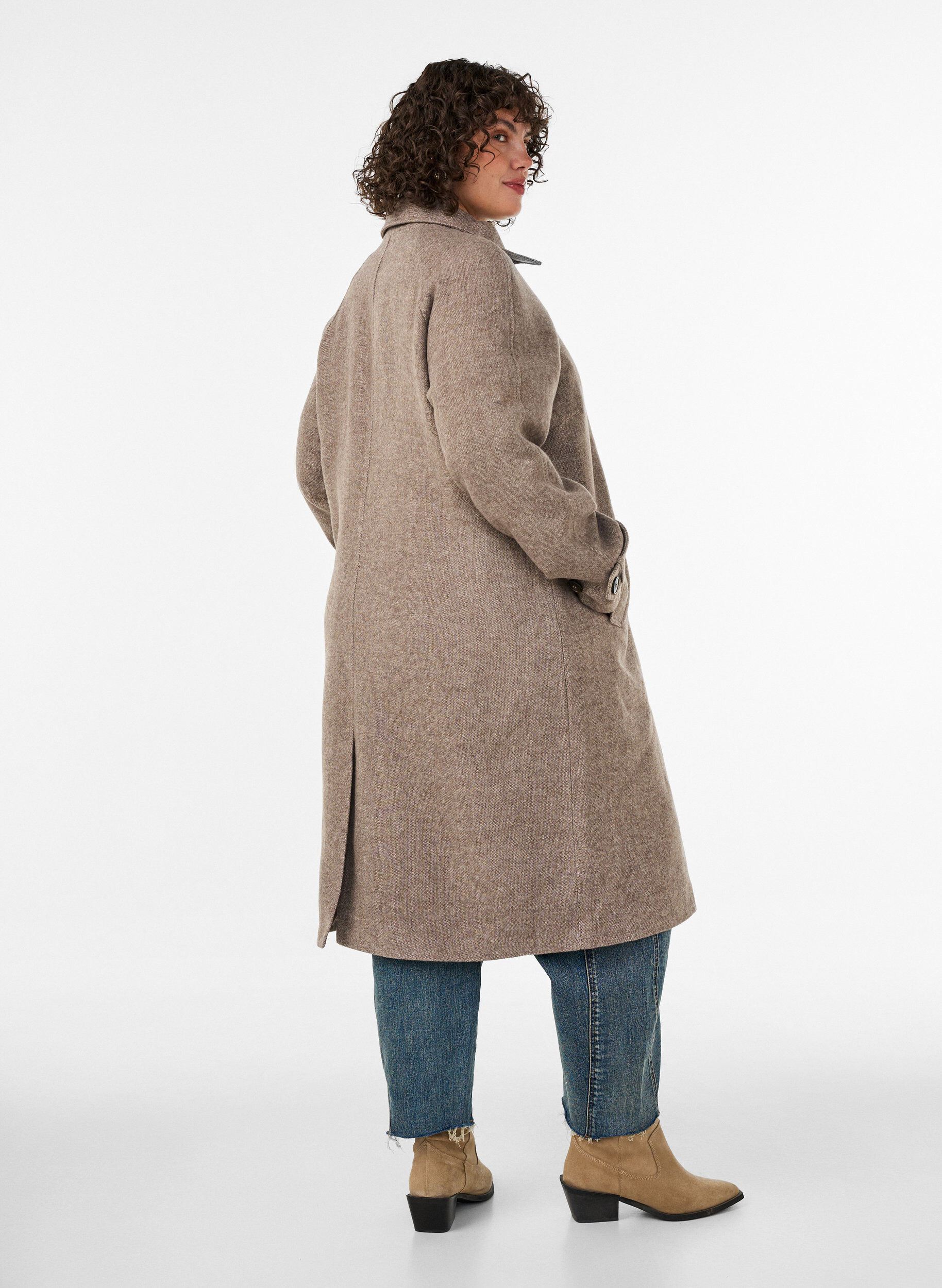 ZizziLange wollen jas met hoge kraag en dubbelzijdig knoopontwerp, Bruin, Model image number 2
