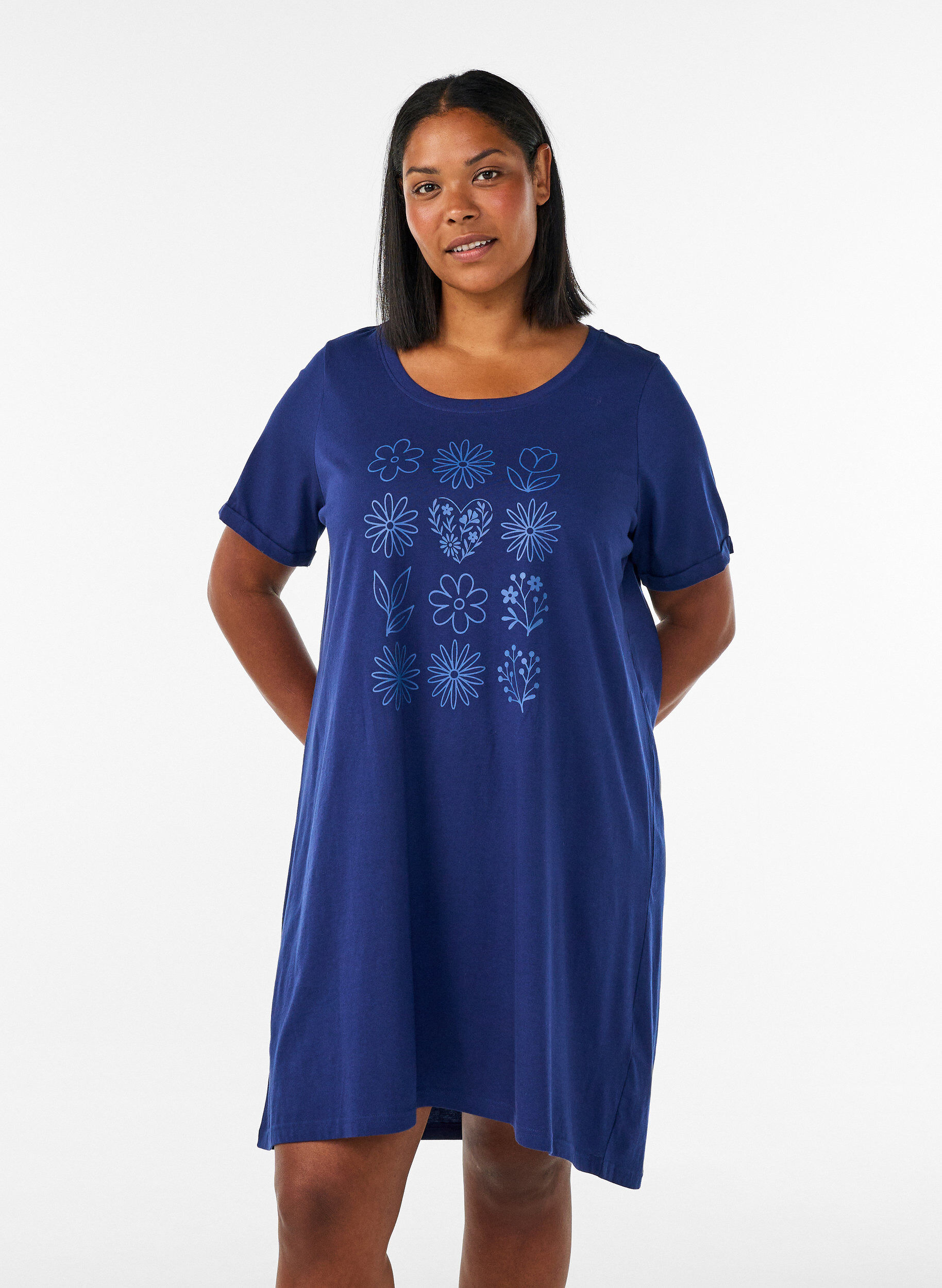 Nachtjapon met korte mouw van biologisch katoen, Blauw, Model