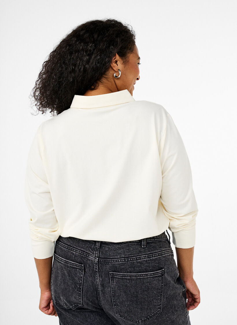 Polo shirt met lange mouwen en strepen, Vanille, Model image number 2