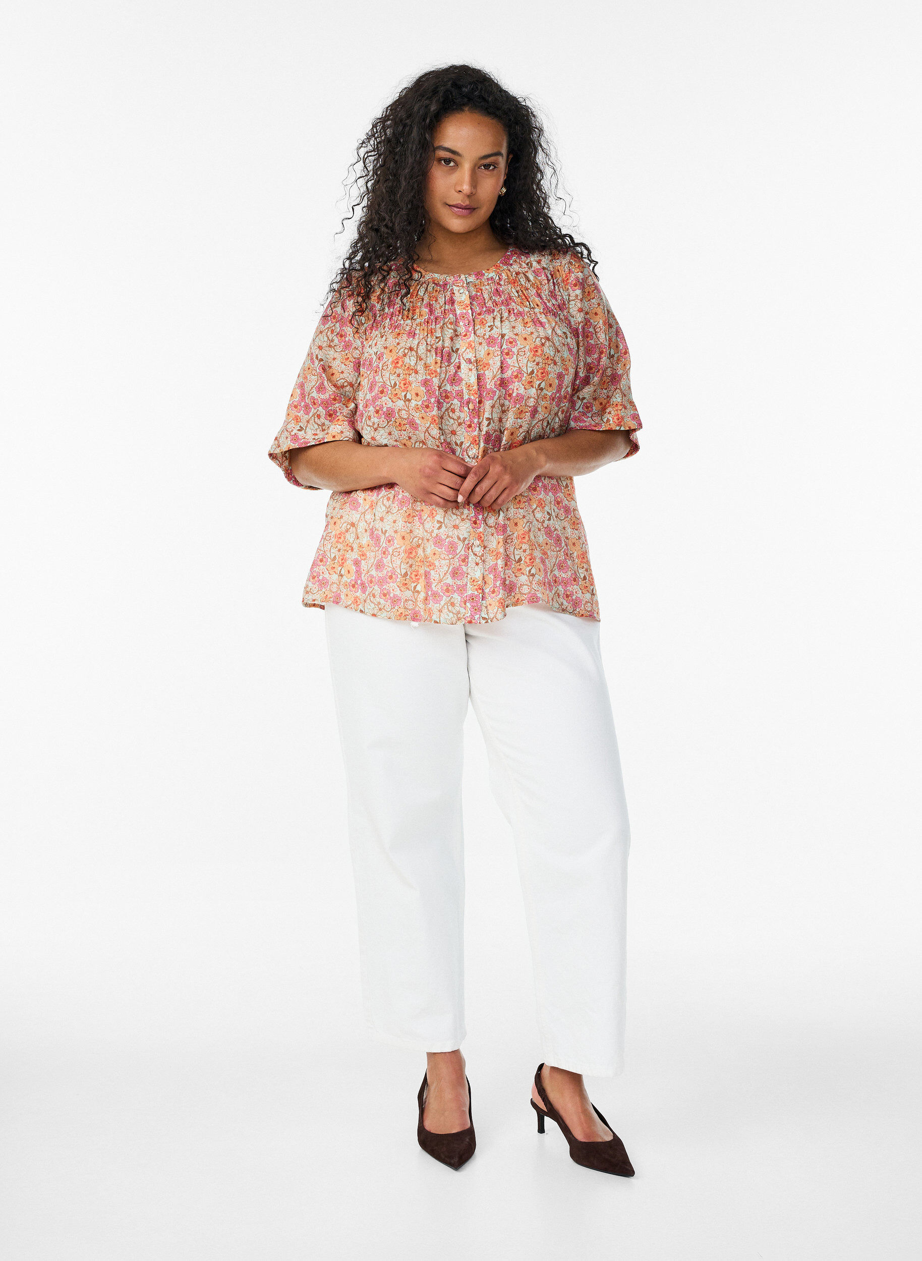 ZizziBlouse met bloemenprint van viscose, Oranje, Model image number 1