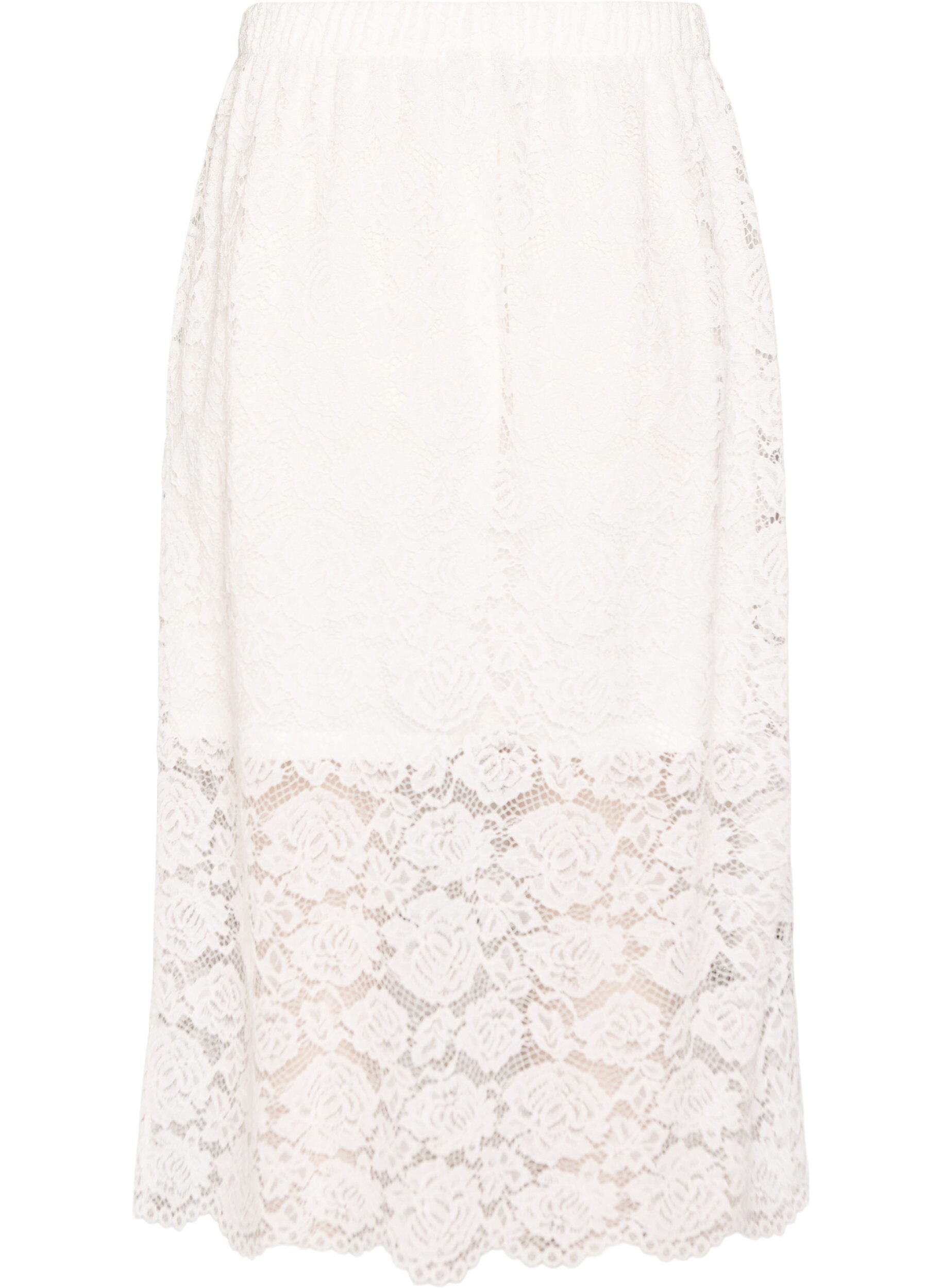 ZizziKanten midirok met een elastische tailleband, Wit, Packshot image number 1