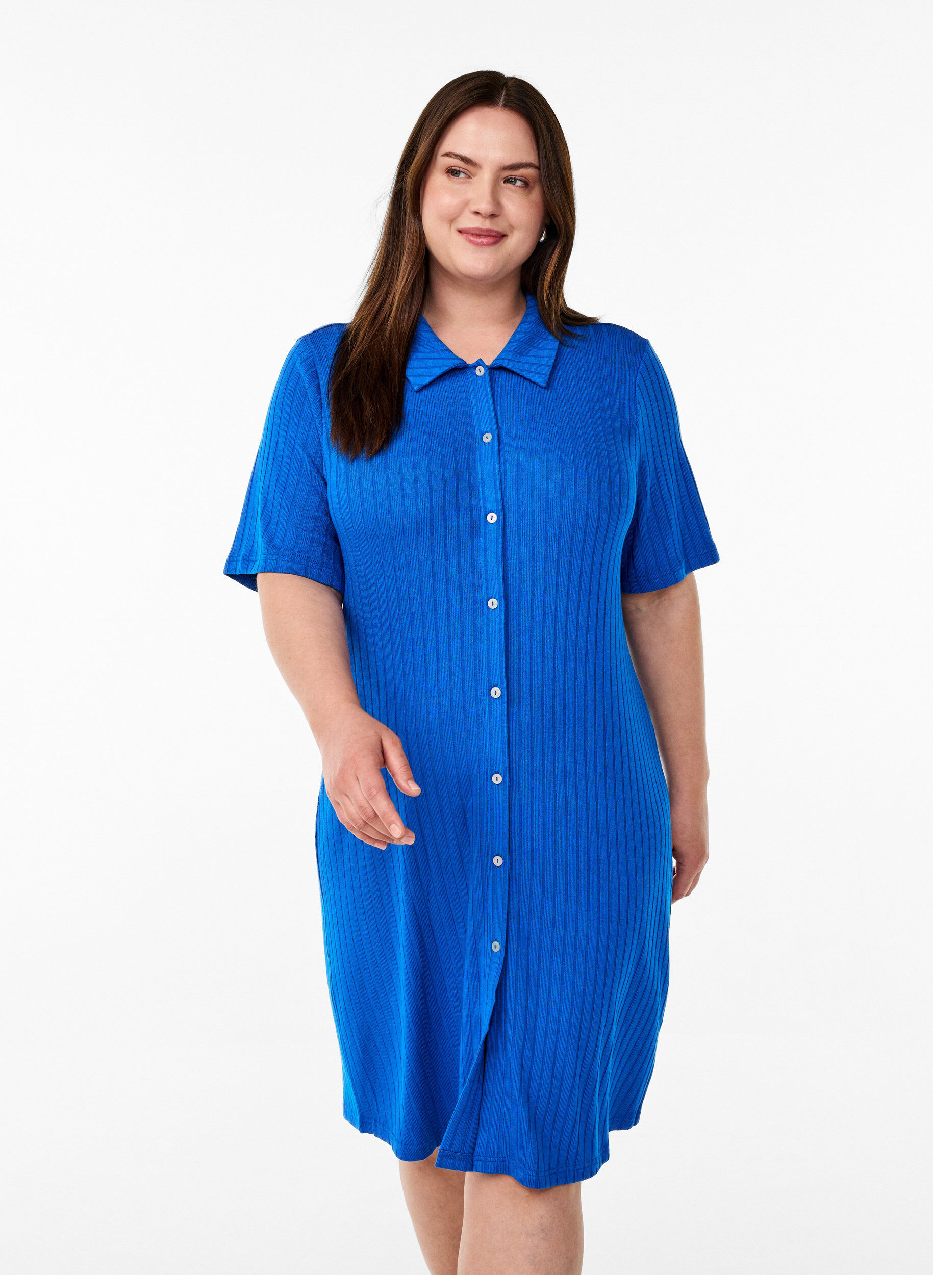 ZizziJersey overhemdjurk met kniehoogte en korte mouwen, Blauw, Model image number 0