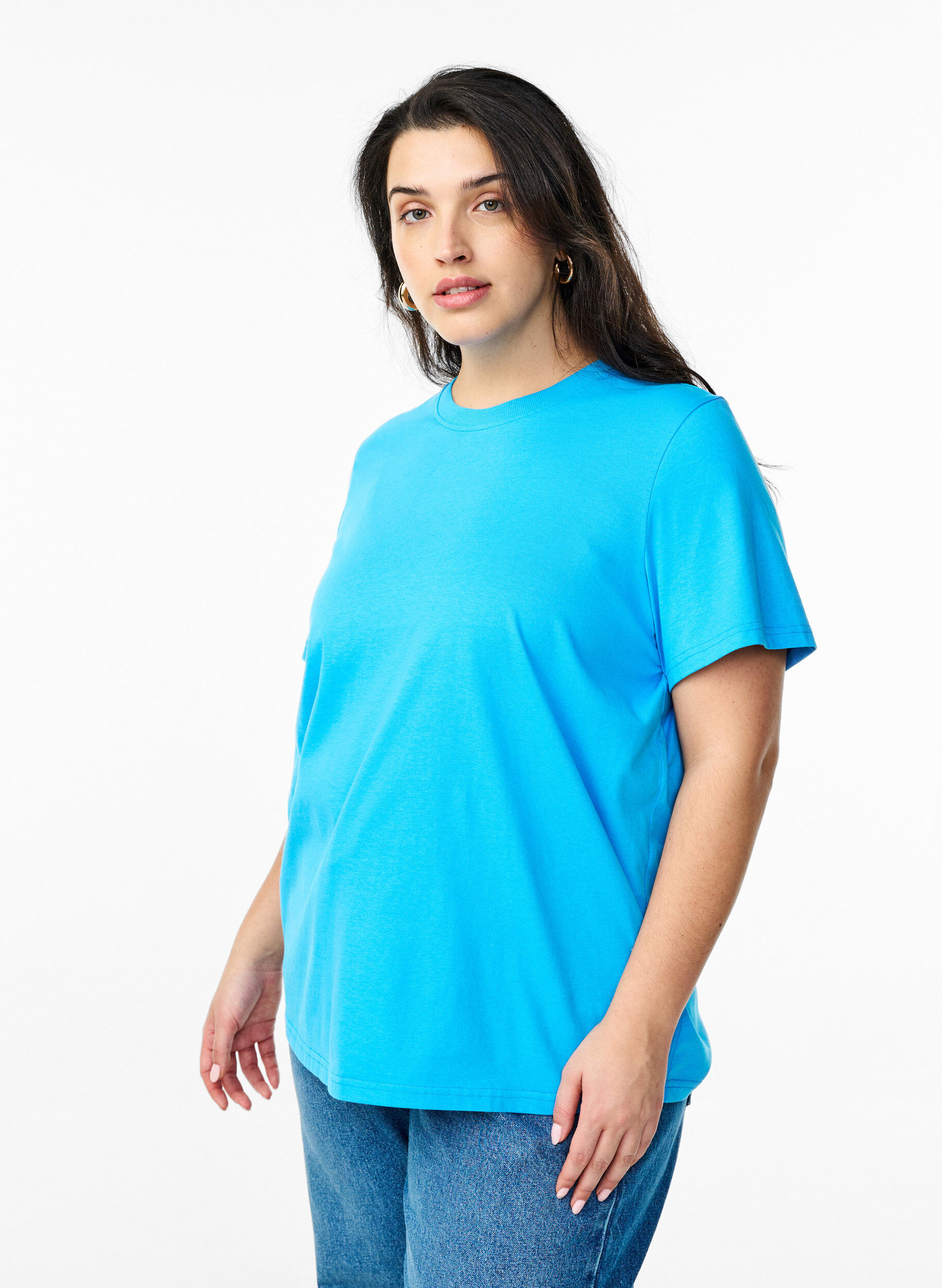Basic katoenen T-shirt met ronde hals, Blauw, Model