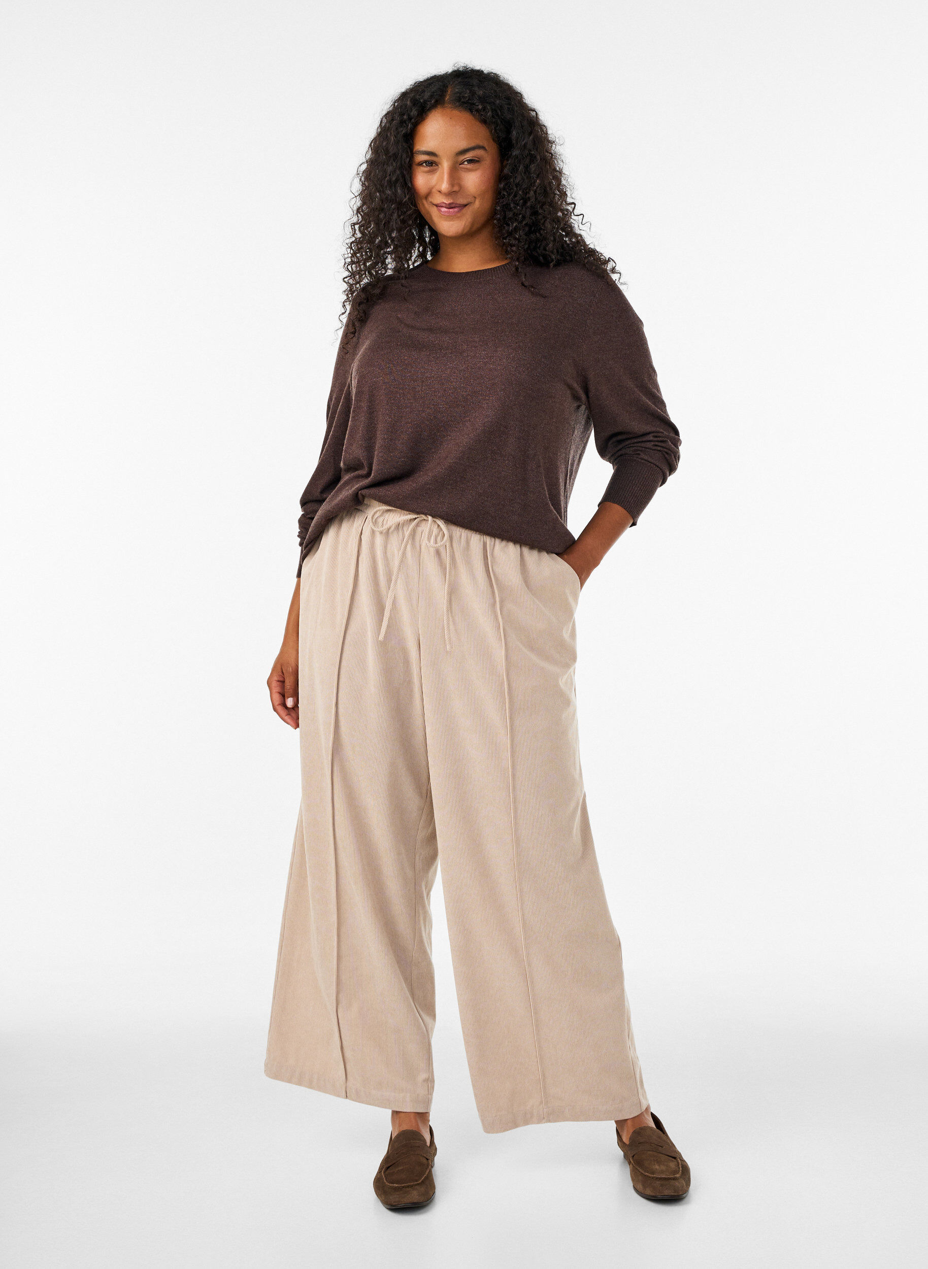 ZizziGebreide blouse met ronde hals, Bruin, Model image number 1