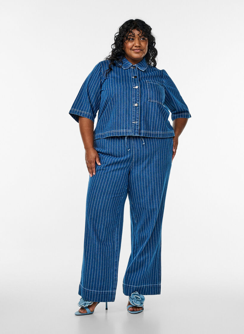 Gestreept denim shirt met korte mouwen, Blue Denim Stripe, Model