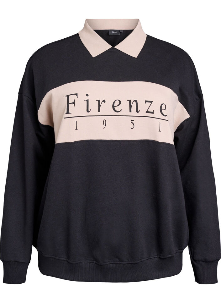 Sweatshirt met kraag en contrastprint van biologisch katoen, Black w. Simply Taup, Packshot