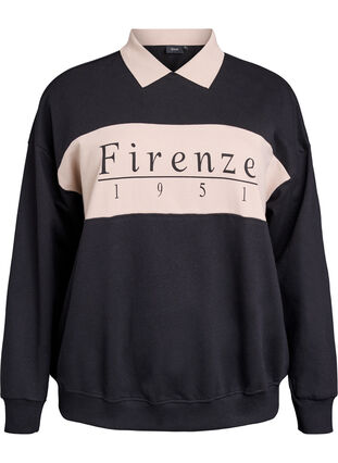 ZizziSweatshirt met kraag en contrastprint van biologisch katoen, Black w. Simply Taup, Packshot image number 0