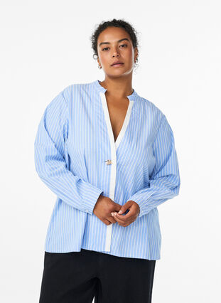 ZizziGestreept shirt met decoratieve sluiting, Light Blue Stripe , Model image number 0