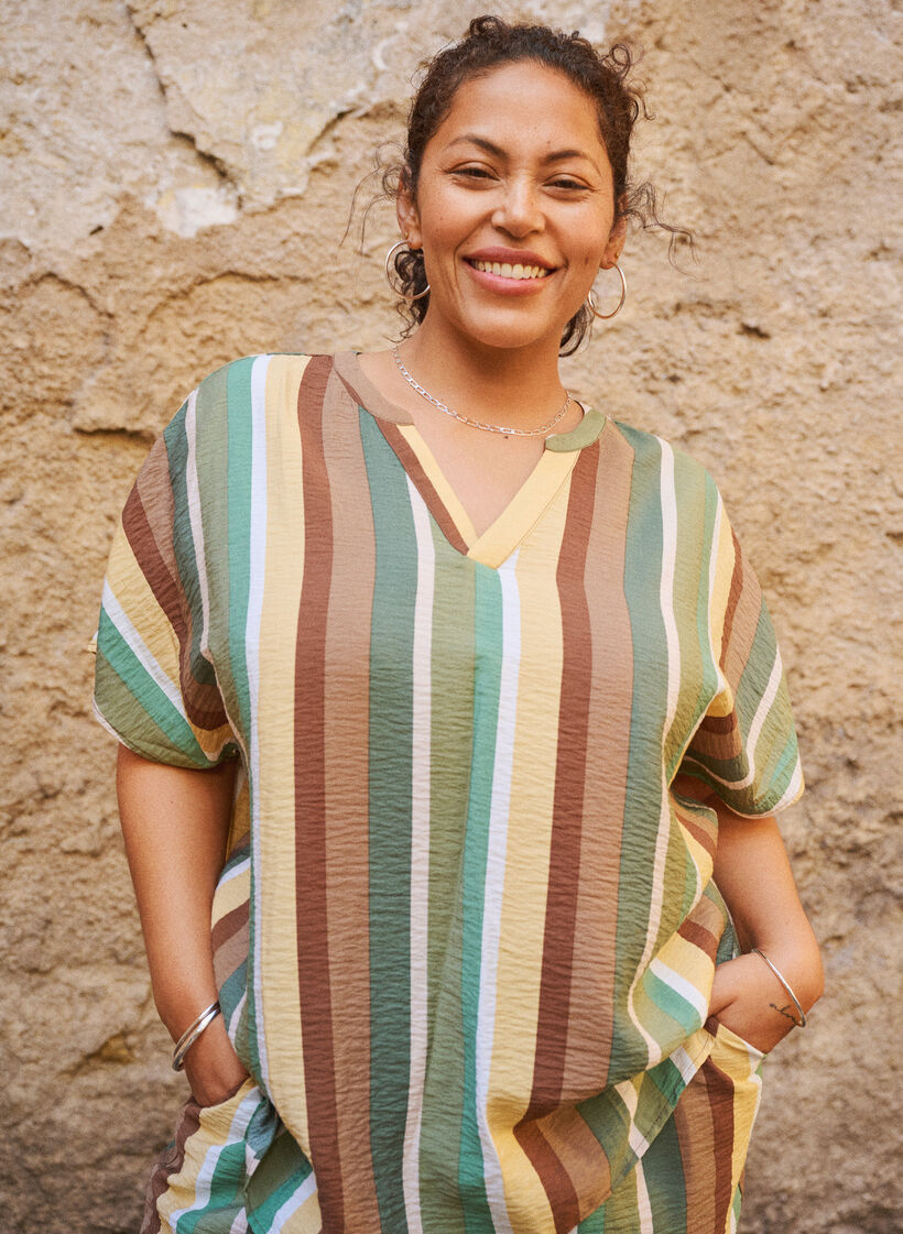 Blouse van viscose met strepen en korte mouwen, Bruin, Image image number 0