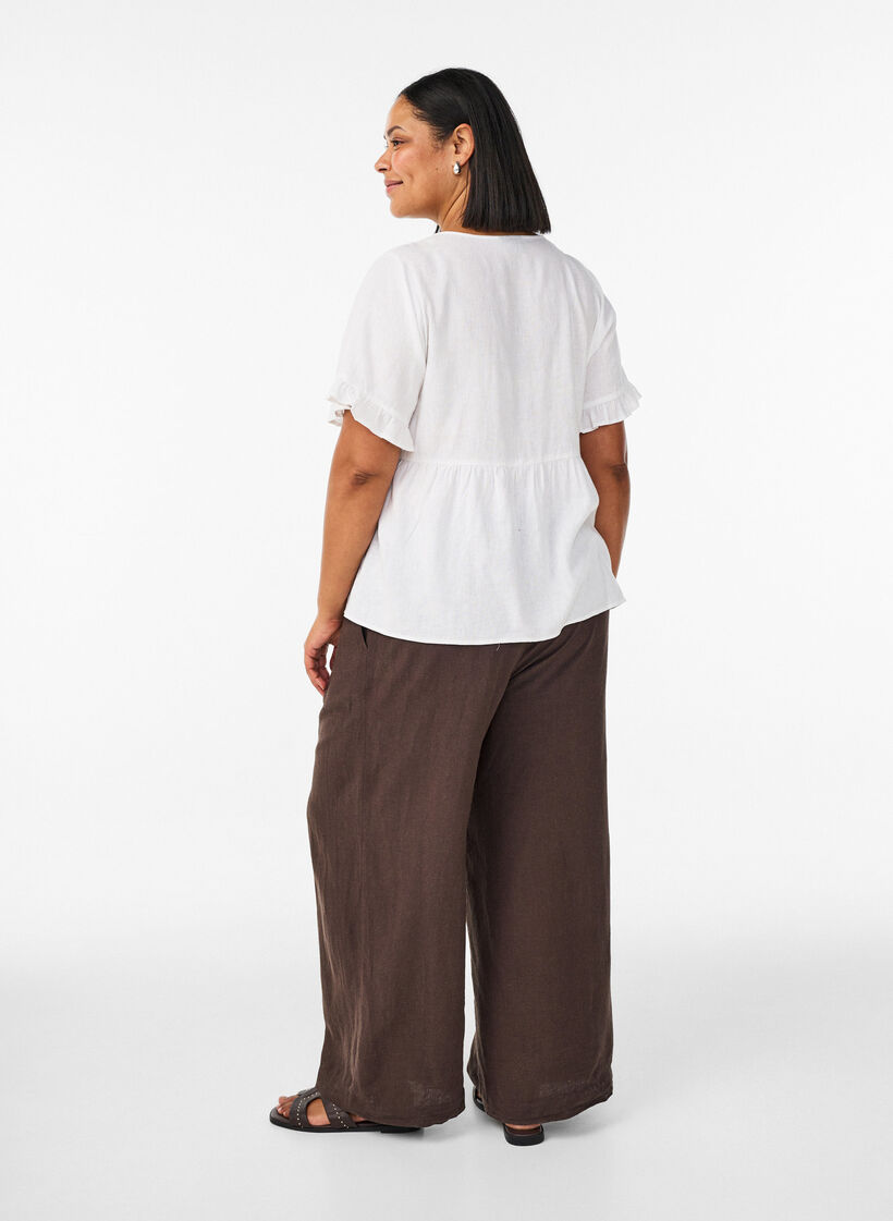 Pantalon large en lin et viscose, Marron, Model image number 1