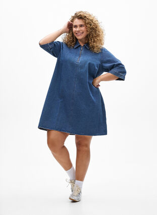 ZizziKorte denimjurk met ritssluiting en 3/4 mouwen, Blue Denim, Model image number 2