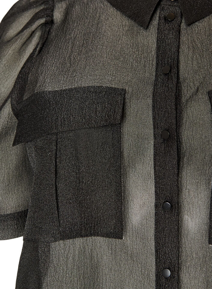 Organza jurk met puffmouwen en borstzakken, Zwart, Packshot image number 2