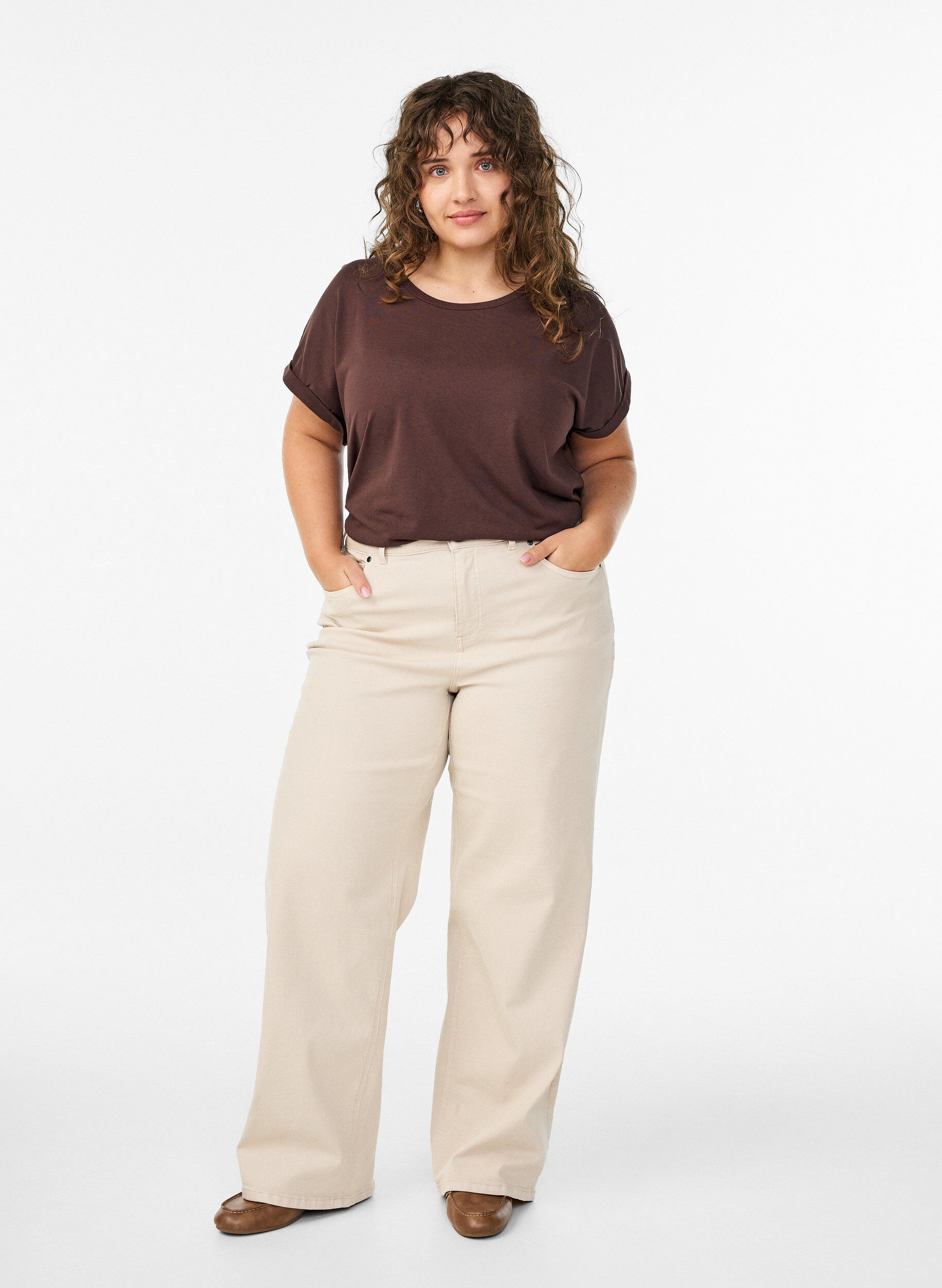 ZizziT-shirt met korte mouwen van katoenmix, Bruin, Model image number 1