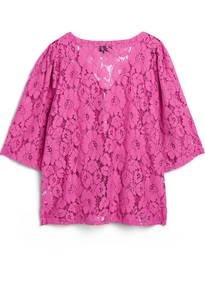 Kanten blouse met 3/4 mouwen en strikjes aan de voorkant, Purple Orchid, Packshot