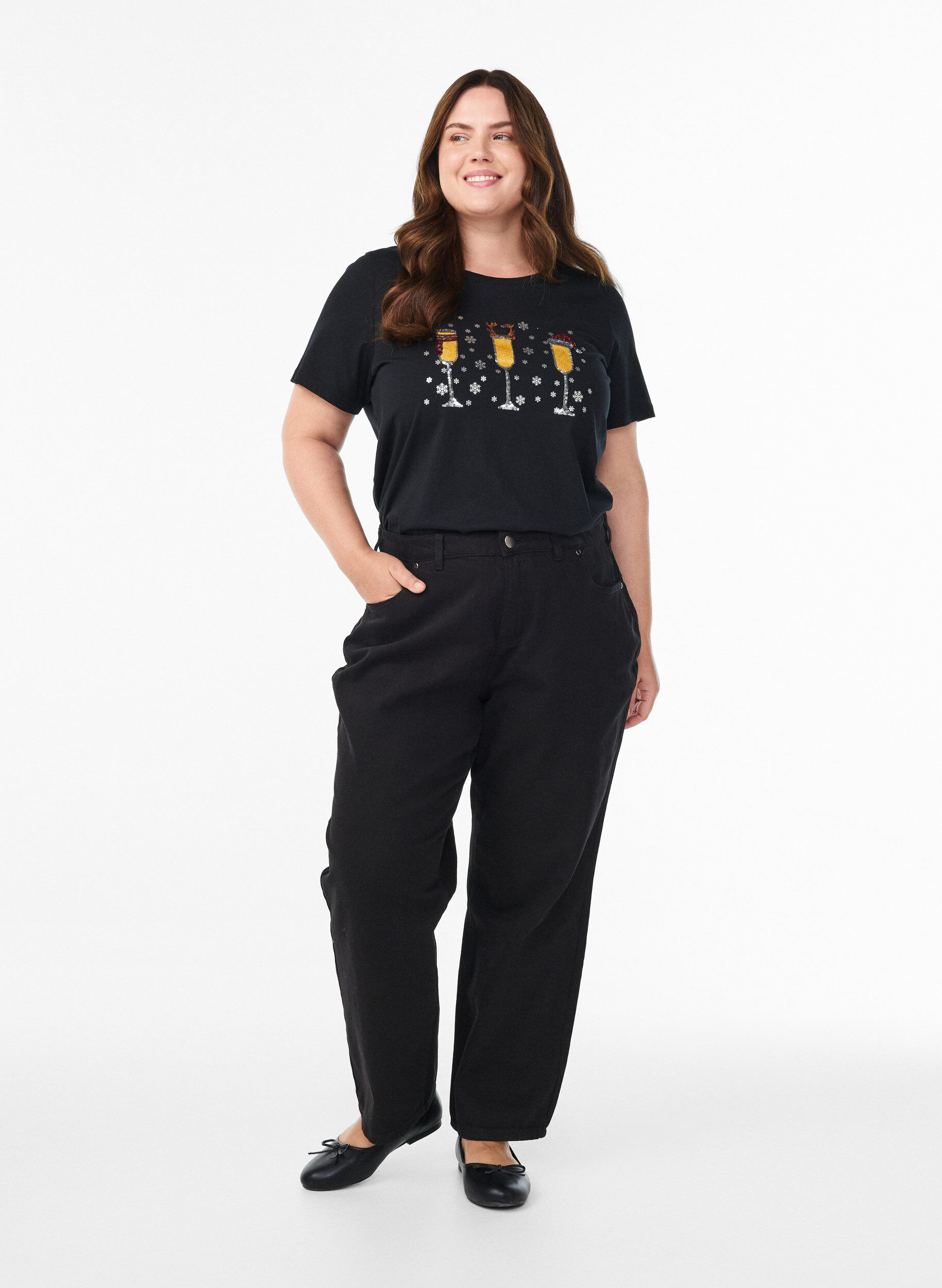 ZizziKerst T-shirt van biologisch katoen, Zwart, Model image number 1