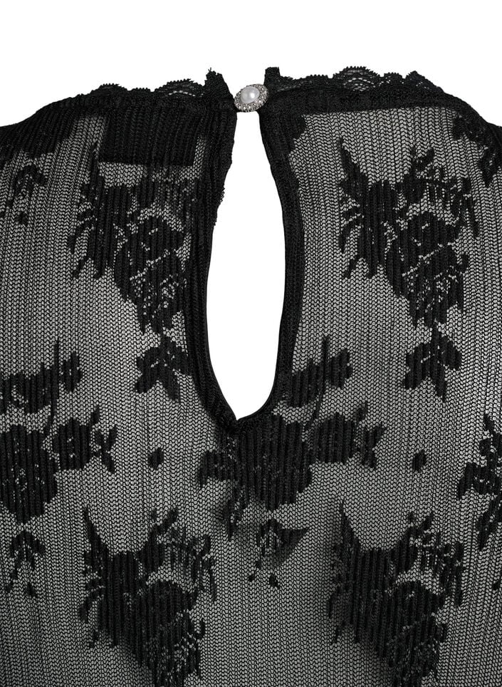 Mesh blouse met lange mouwen met kantpatroon, Zwart, Packshot