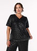 Sequin blouse met V-hals en korte mouwen, Zwart, Model image number 0