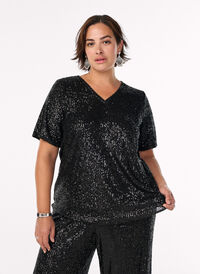Sequin blouse met V-hals en korte mouwen, Zwart Sequin blouse met V-hals en korte mouwen, Zwart, Model