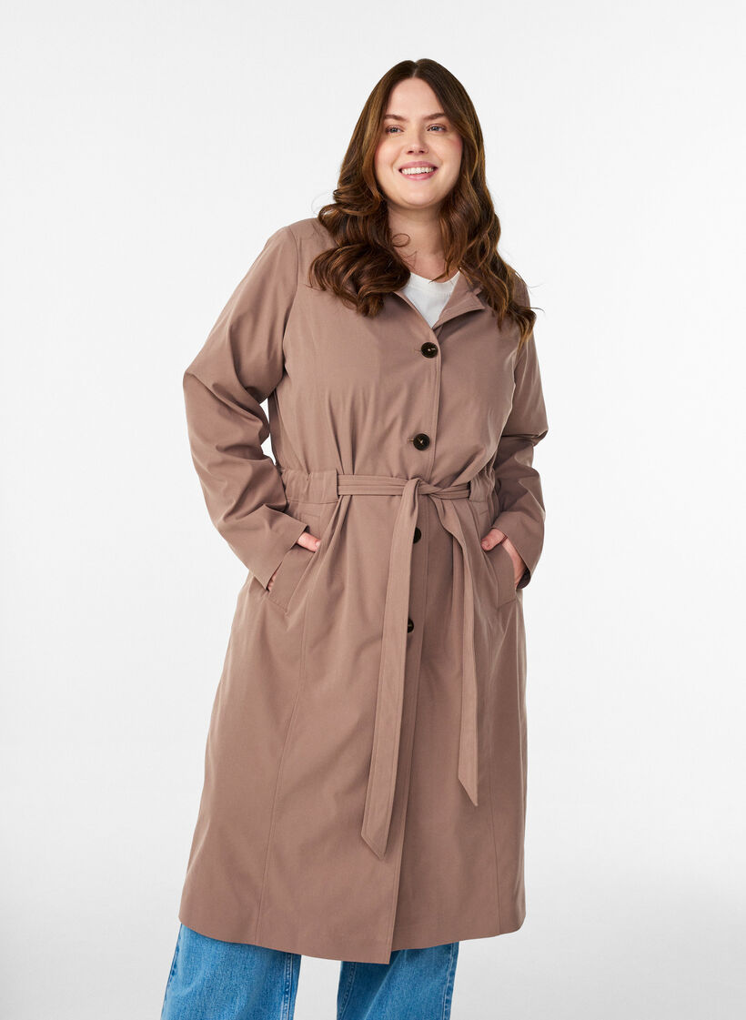 Trenchcoat met capuchon en strikceintuur, Bruin, Model image number 0