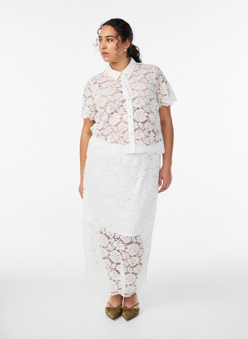 Kanten midirok met een elastische tailleband, Wit, Model image number 1