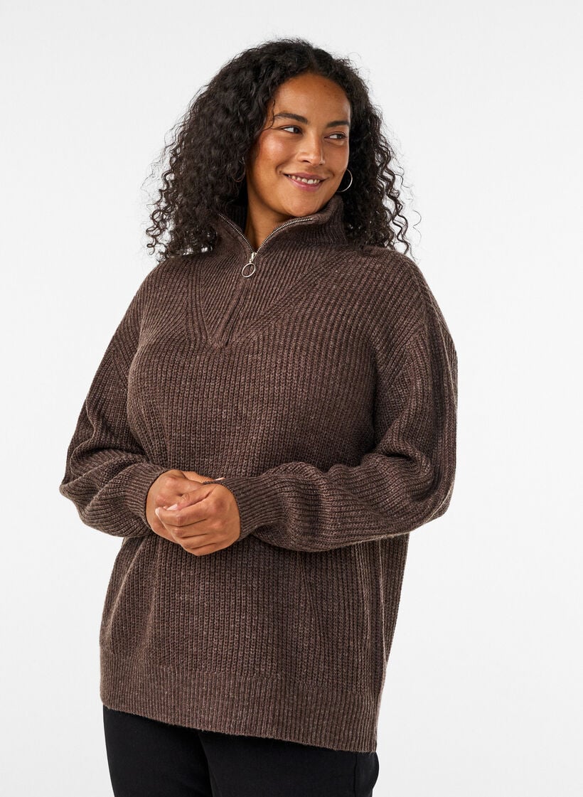 Gebreide trui met hoge hals en rits, Bruin, Model image number 0