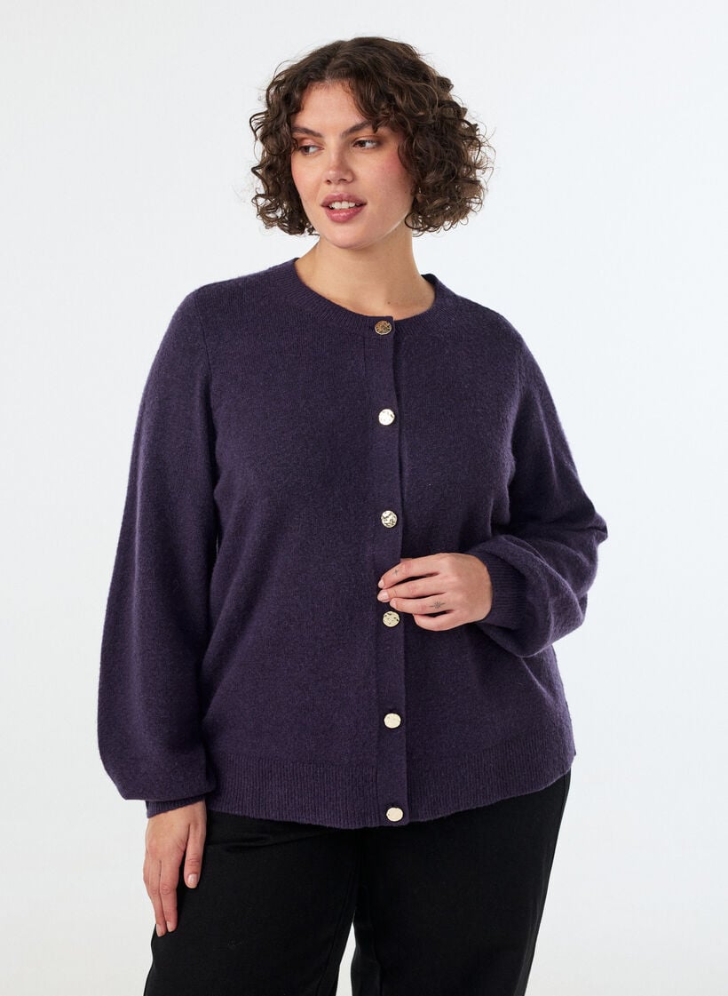 Cardigan in zacht breisel met goudkleurige knopen, Paars, Model image number 0