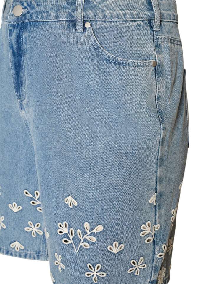 Denim shorts met broderie anglaise en hoge taille, Blauw, Packshot image number 2