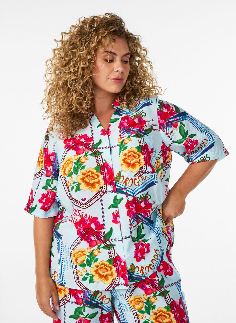 Shirtblouse met mouwen tot aan de ellebogen en kleurrijke print, Blauw, Model image number 0