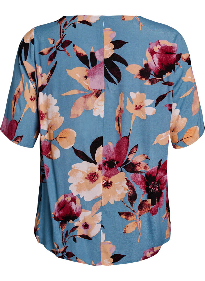 Viscose blouse met korte mouwen met print, Blauw, Packshot image number 1