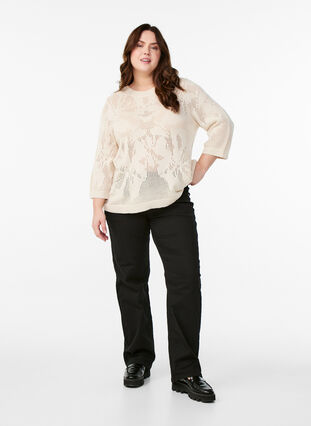 ZizziGebreide blouse met een opengewerkt patroon en 3/4 mouwen, Birch, Model image number 2