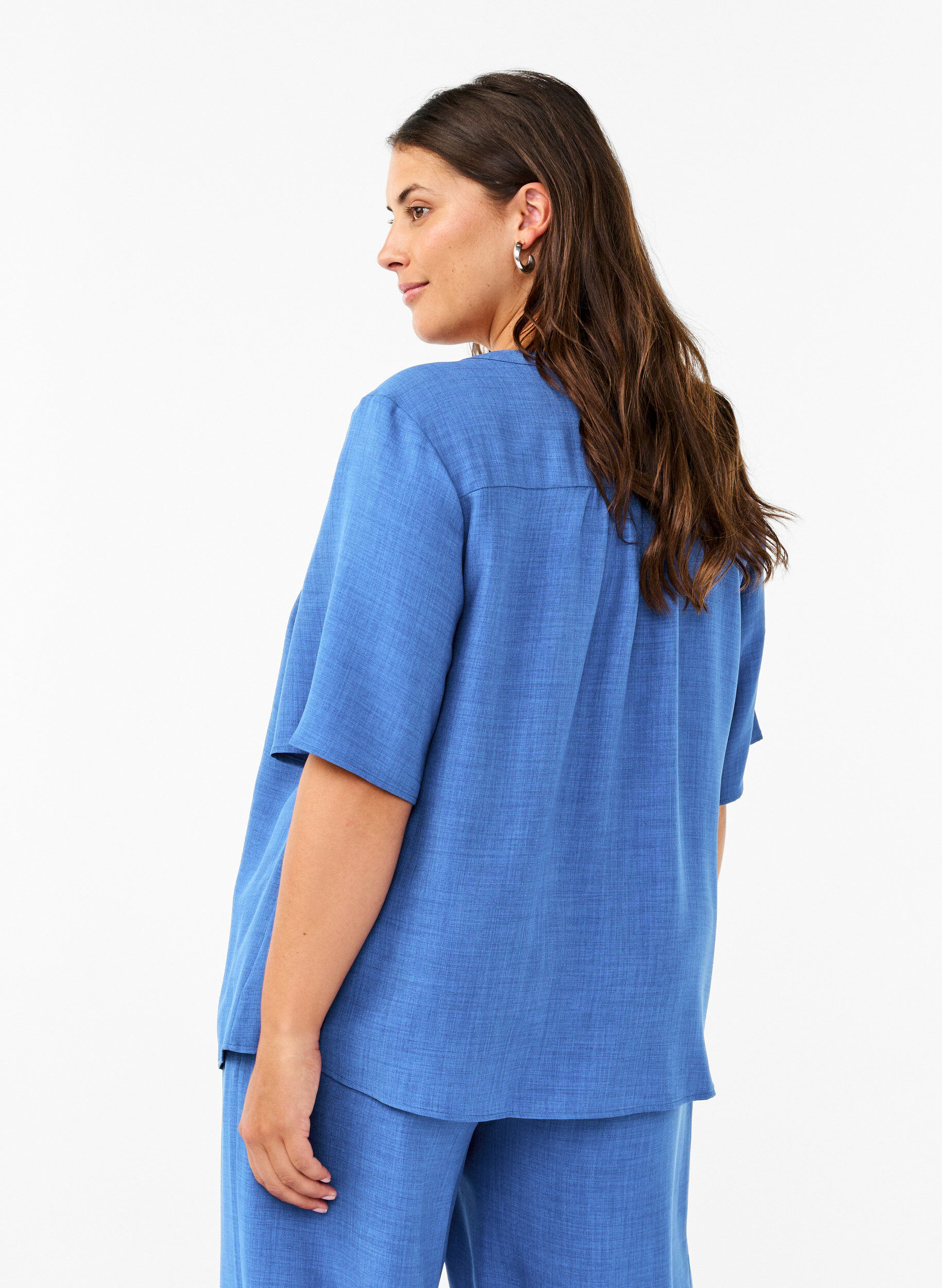 ZizziOverhemd blouse met V-hals en korte mouwen, Blauw, Model image number 2
