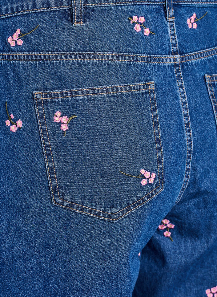 Korte spijkerbroek met geborduurde bloemen, Blauw, Packshot image number 3