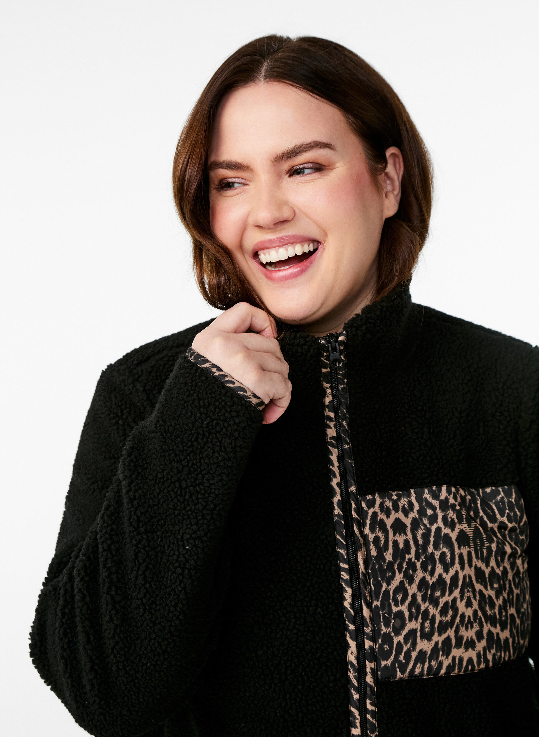 ZizziTeddy-fleece jas met luipaarddetails, Zwart, Model image number 3