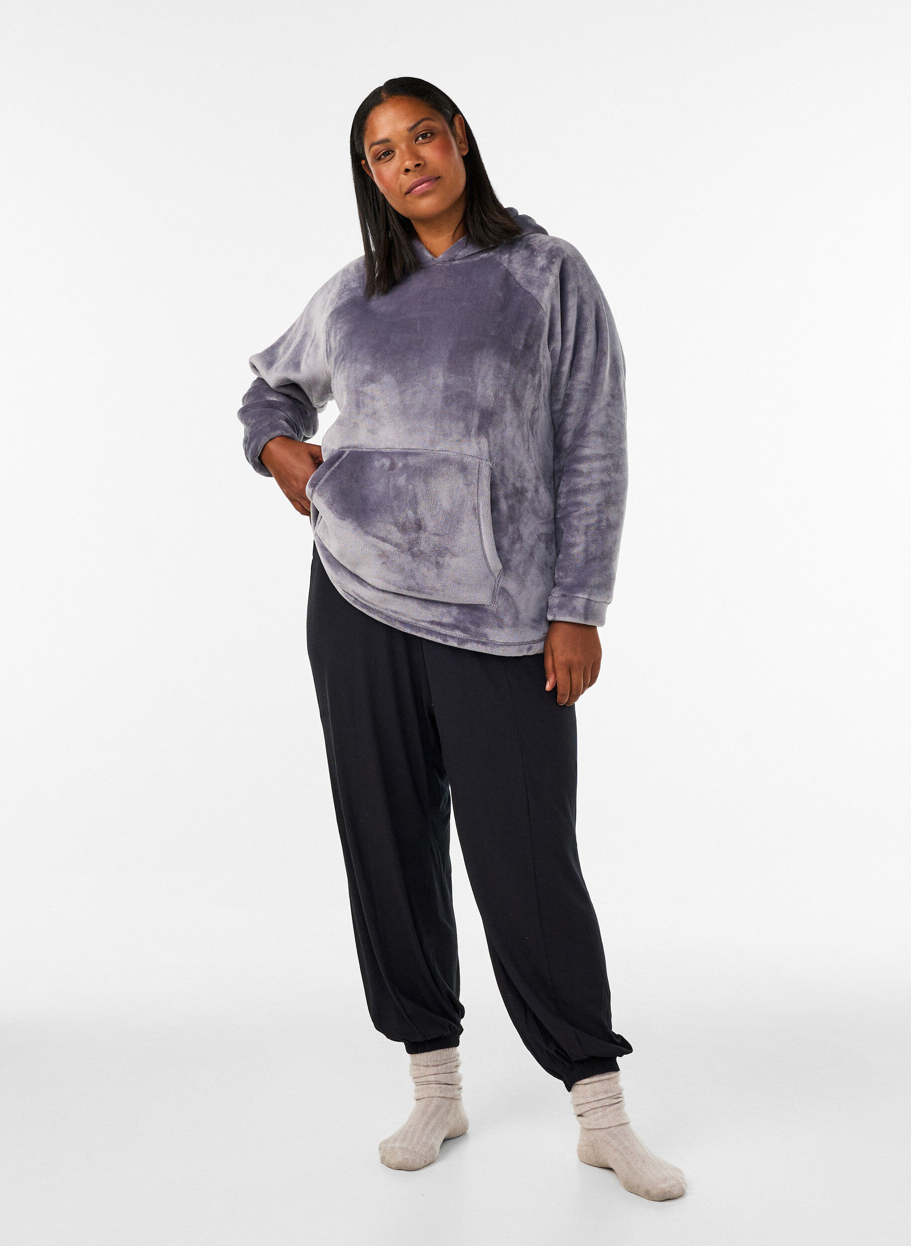 ZizziVelours hoodie met kangoeroezak, Grijs, Model image number 1