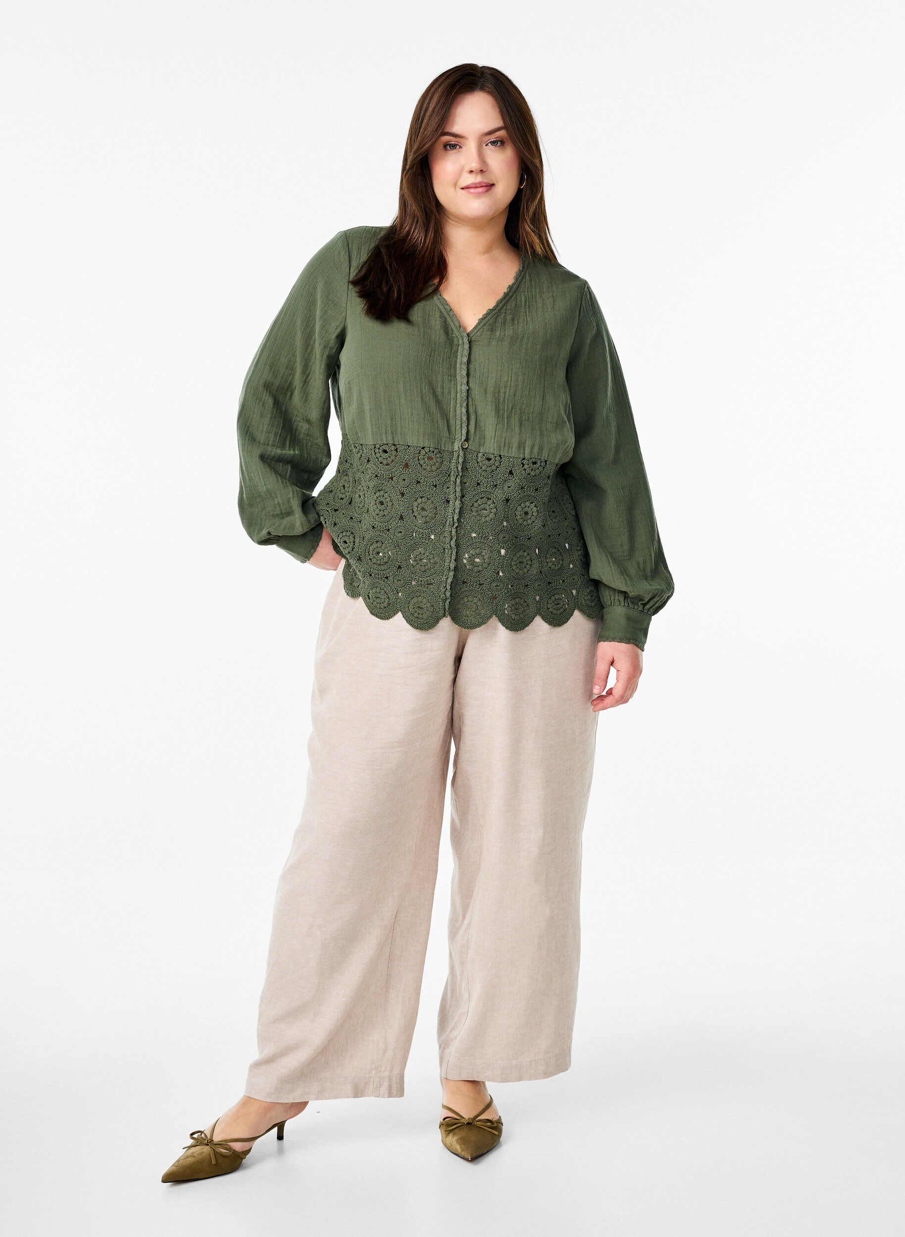 ZizziKatoenen mousseline blouse met haakdetails, Groen, Model image number 1