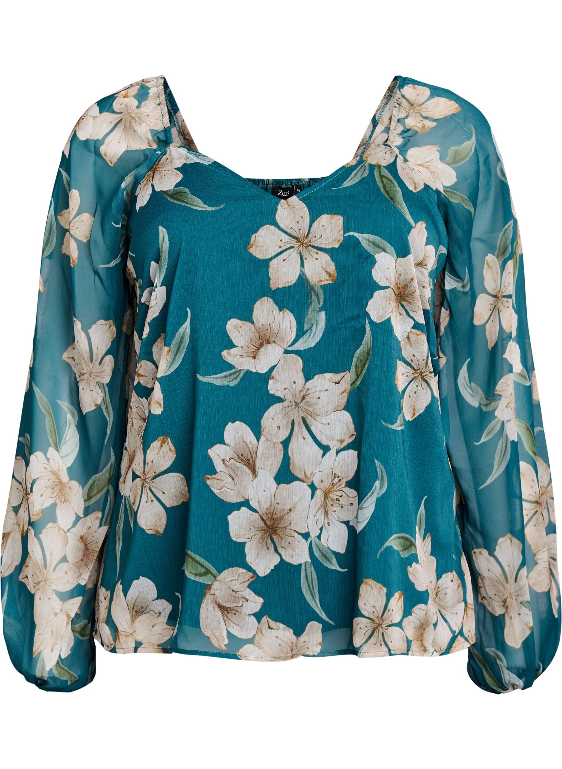 ZizziChiffon blouse met bloemenprint en lange mouwen, Groen, Packshot image number 0