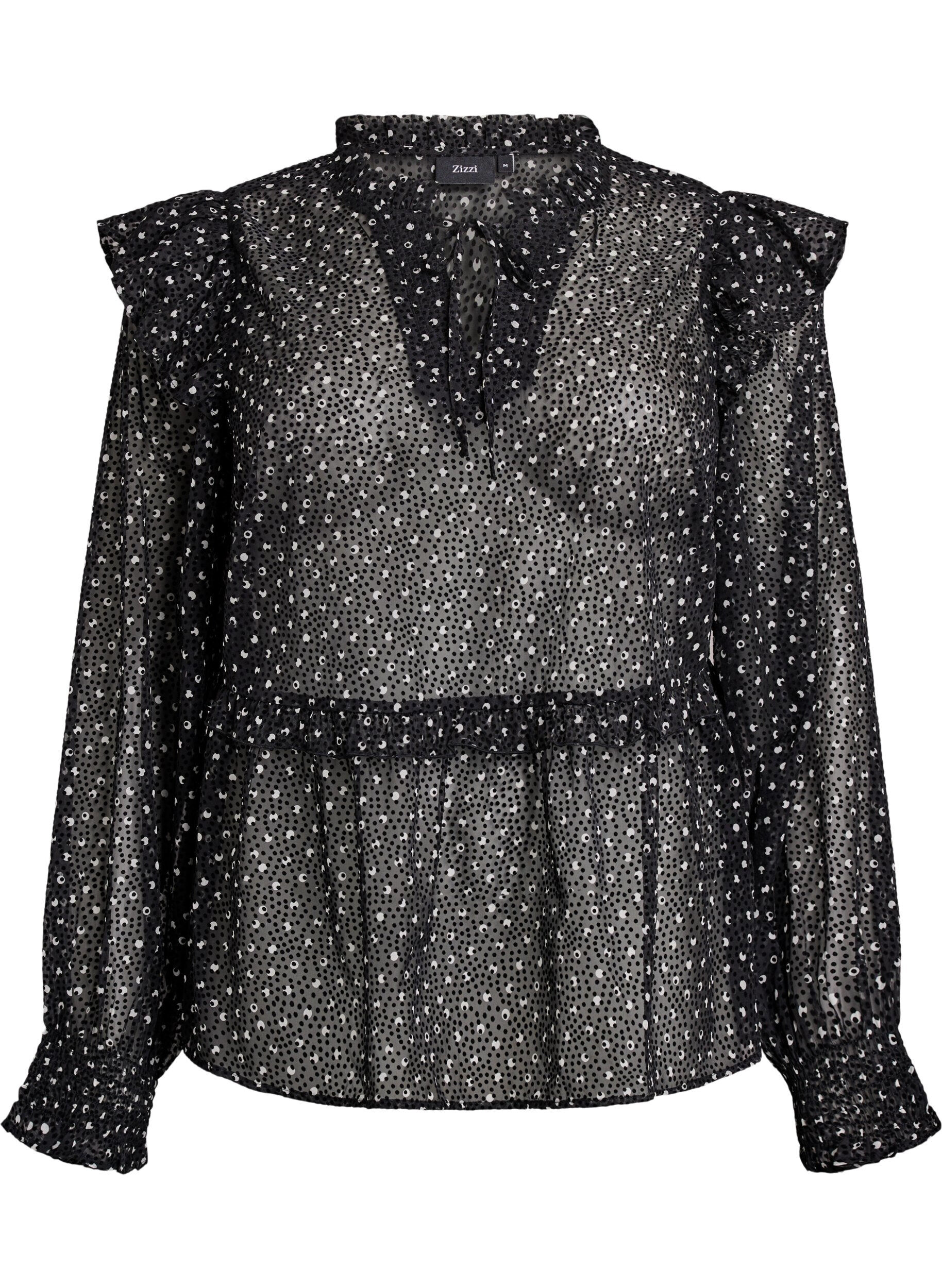 Chiffon blouse met ruchesdetails en kleine stippen