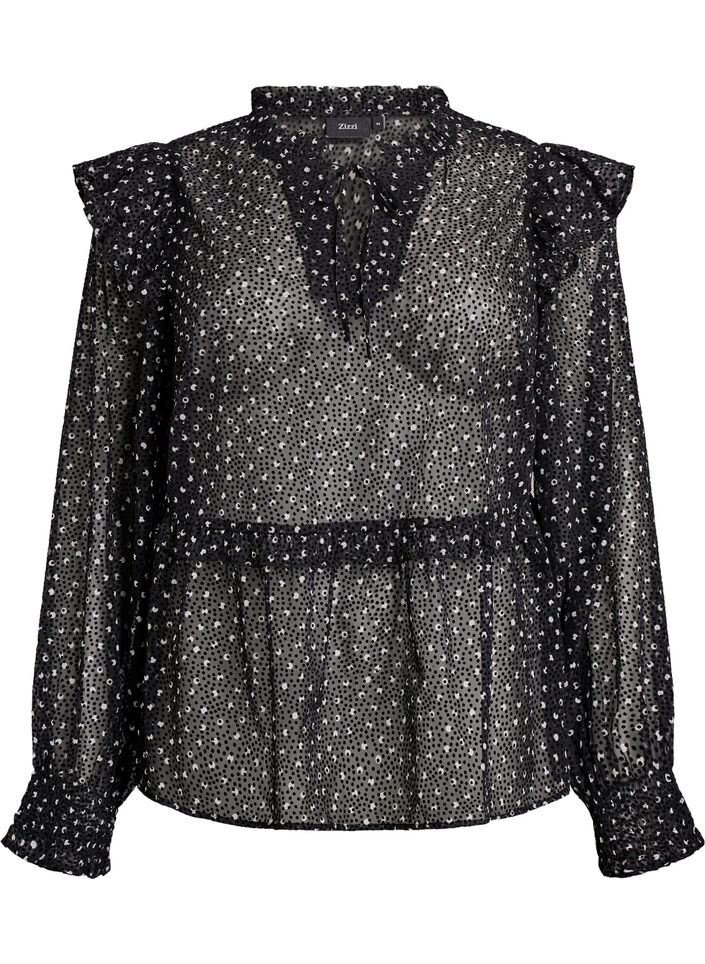 Chiffon blouse met ruchesdetails en kleine stippen, Zwart, Packshot image number 0