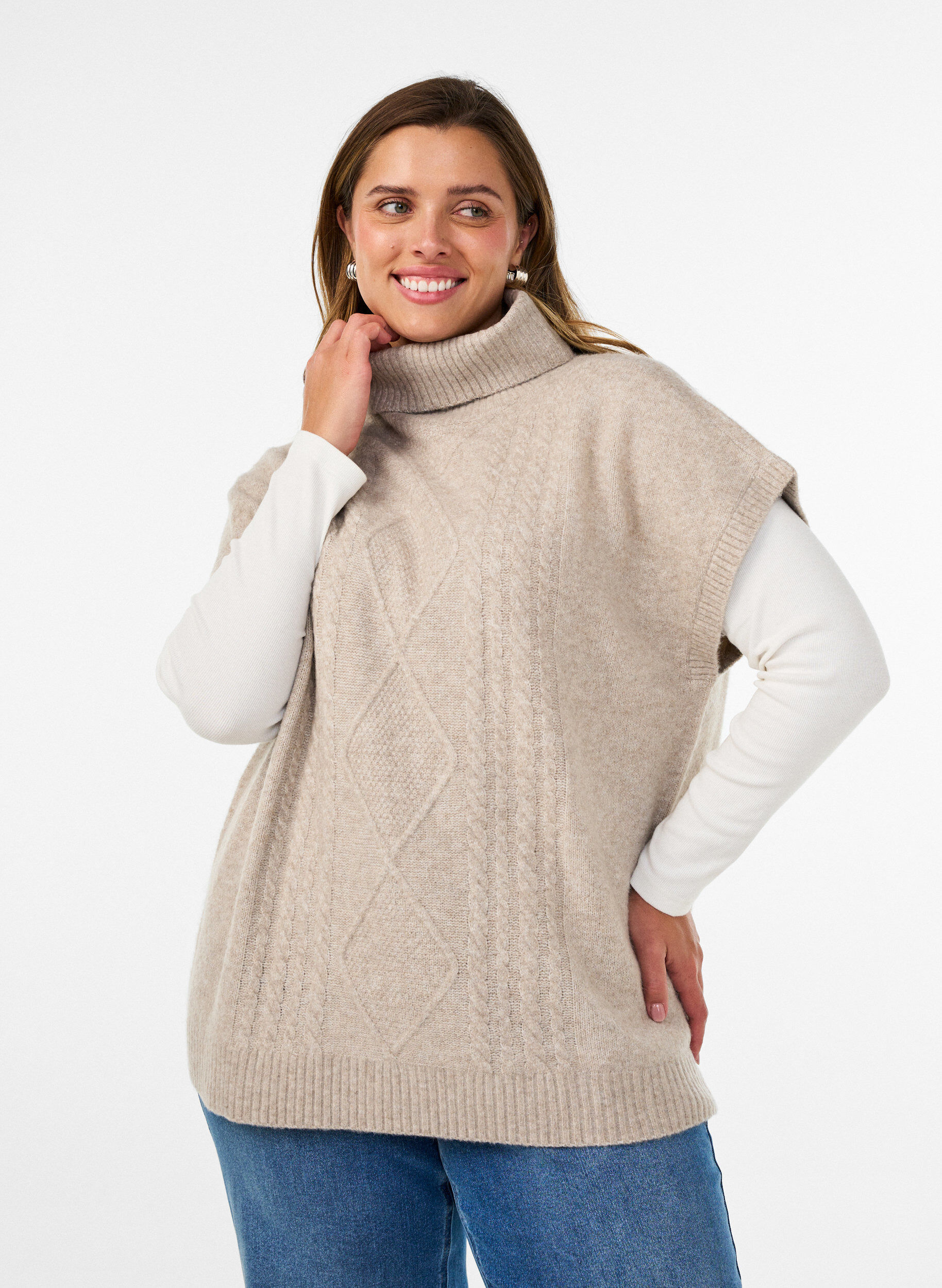 Gebreid vest met col en kabelpatroon, Beige, Model