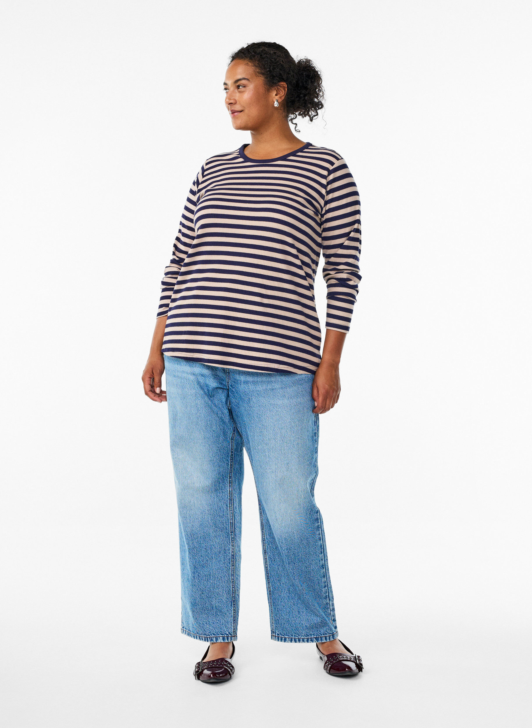 ZizziGestreepte blouse met lange mouwen, Beige, Model image number 1