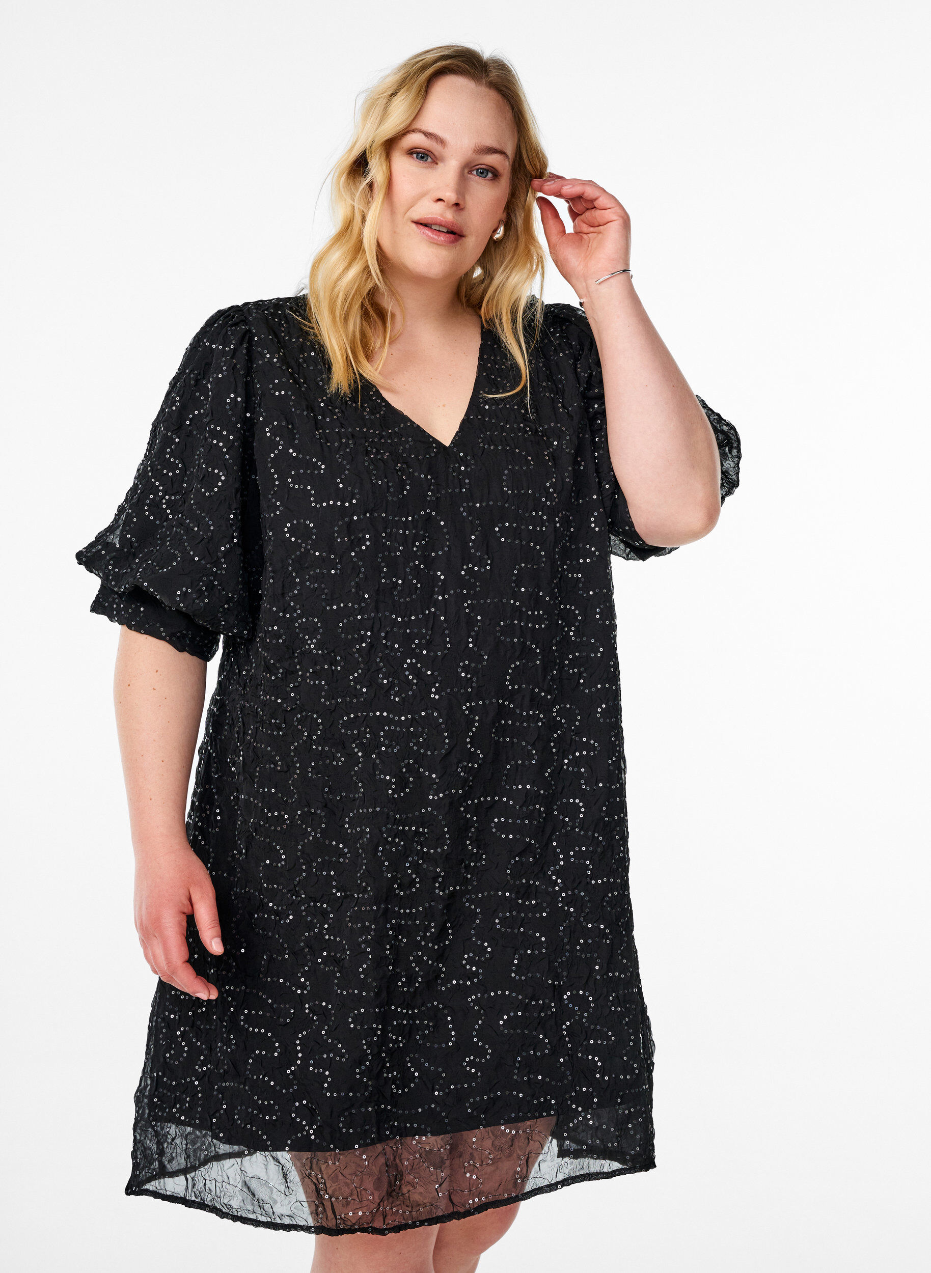 Korte feestjurk met pailletten, Zwart, Model