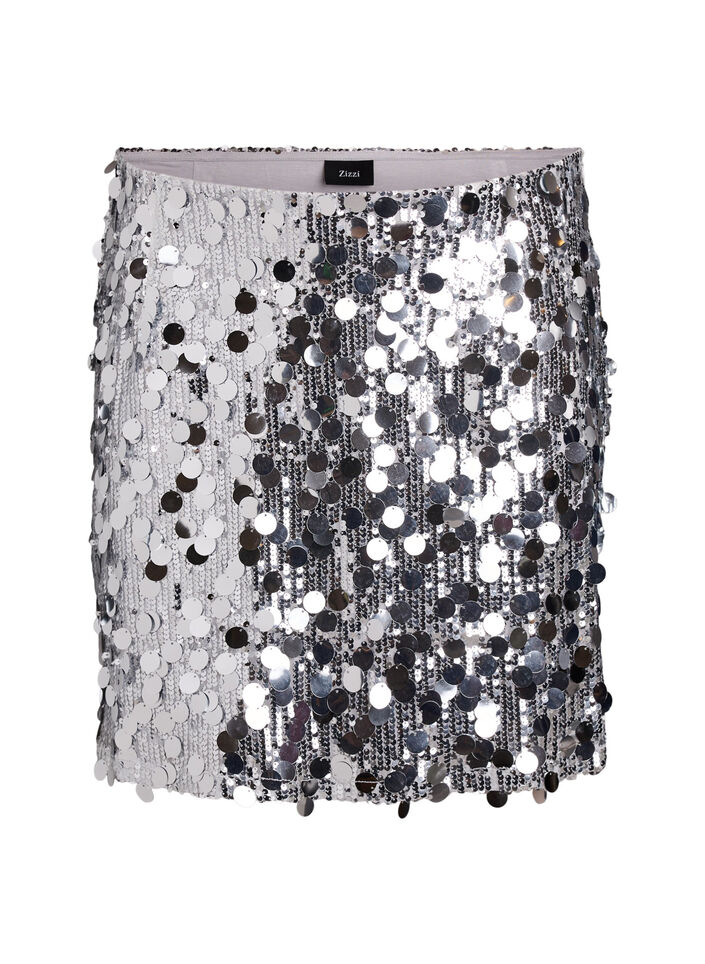 Korte paillettenrok met elastische tailleband, Zilver, Packshot image number 0