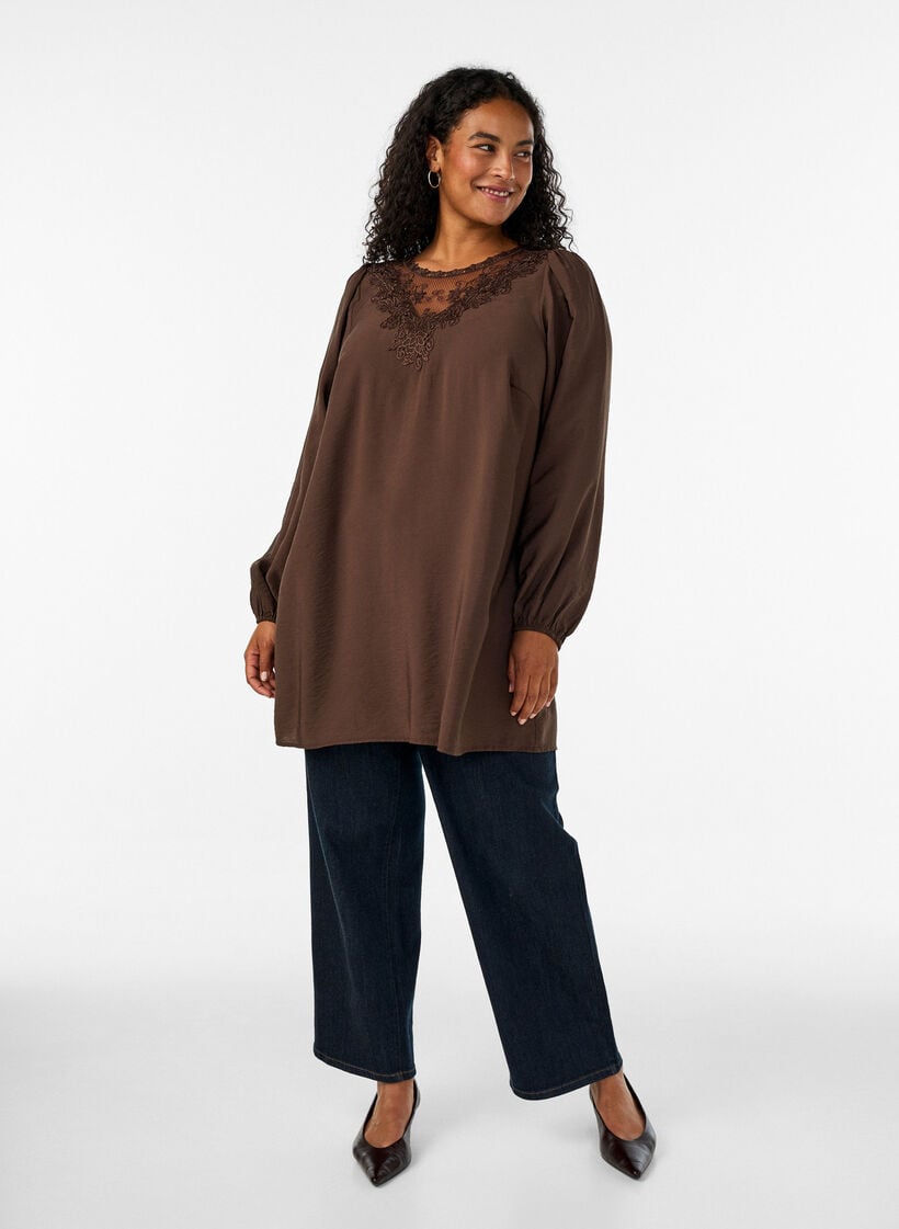 Viscose tuniek met kanten detail, Bruin, Model image number 1
